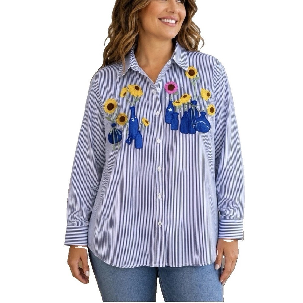 Quackerβ Factory Blue Striped Floral Embroidery Rhinestone Button Shirt LARGE